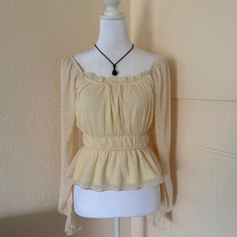 Planet Heart Peplum Top Women Size S‎ Cream Swiss Dot Square Neck Long Sleeve